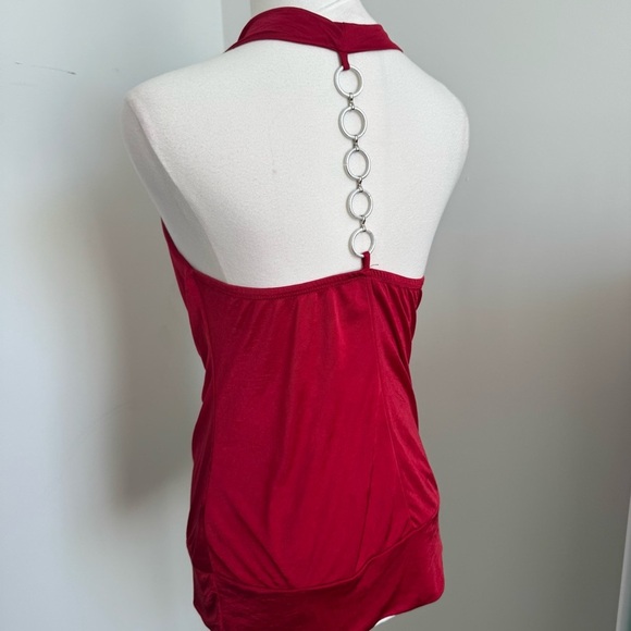 Y2K Red Halter Drape Top w/ Silver Ring Back | Retro Clubwear Tank goth glam M - Picture 4 of 6